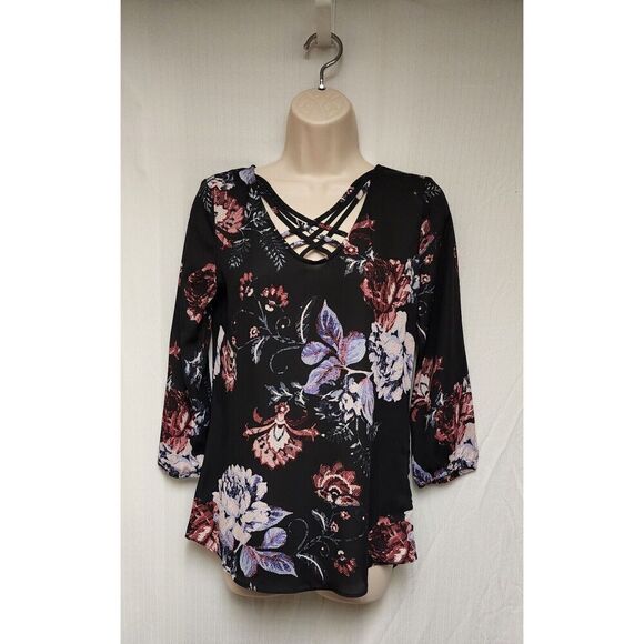 Maurices Floral 3/4 Sleeve V Neck Criss Cross Sheer Chiffon Black Blouse Size XS - Picture 3 of 8